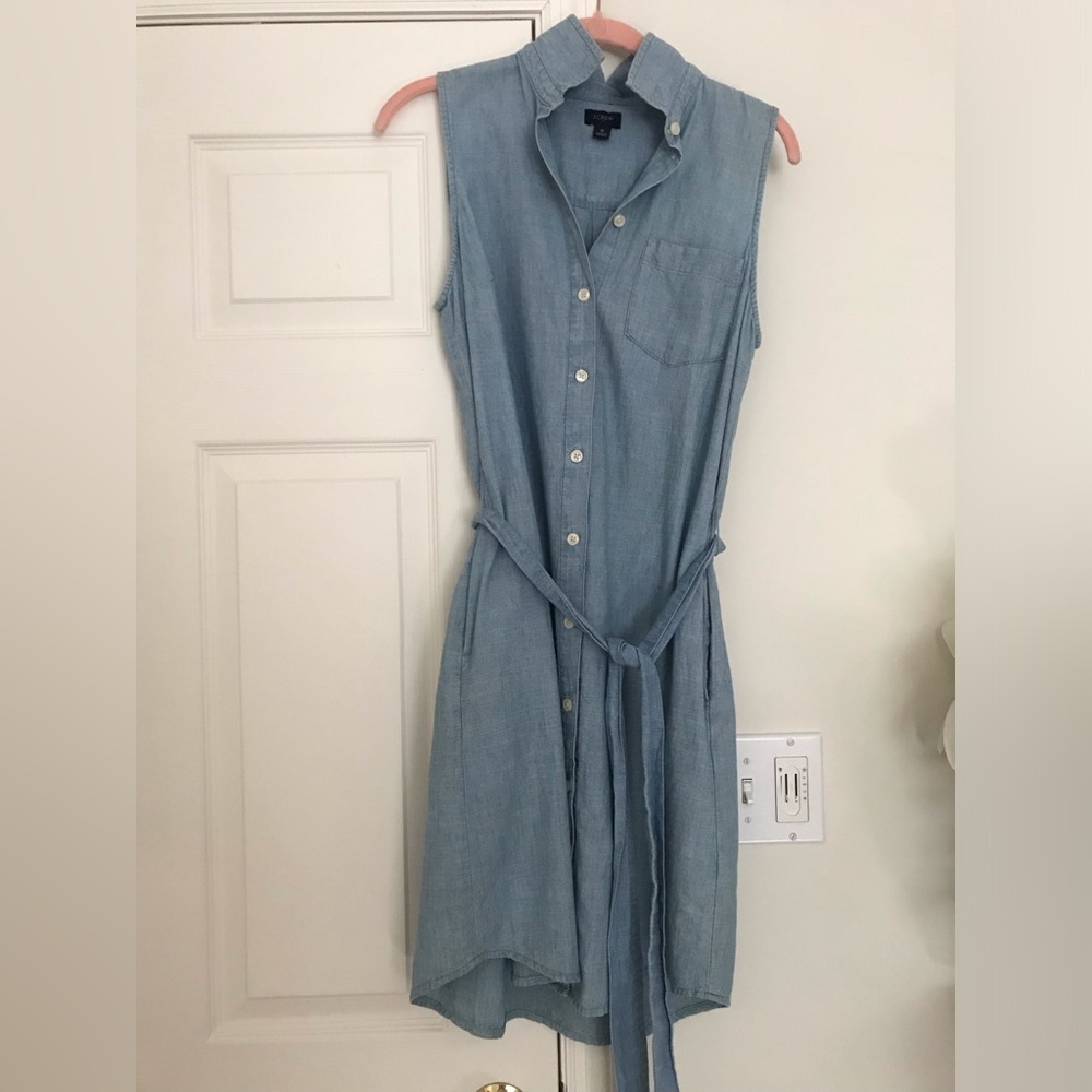J. Crew Chambray Belted Sleeveless Dress with Pockets Size 6